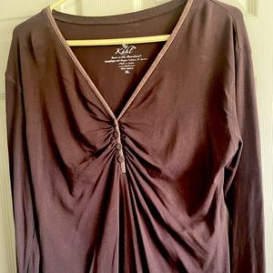 Kuhl Choc Brown Long sleeve T with velvet trim at neckline, cotton & spandex